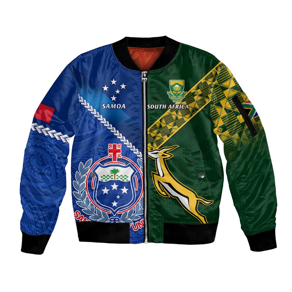 Custom Samoa And South Africa Rugby Sleeve Zip Bomber Jacket 2023 World Cup Manu Samoa With Springboks - Wonder Print Shop