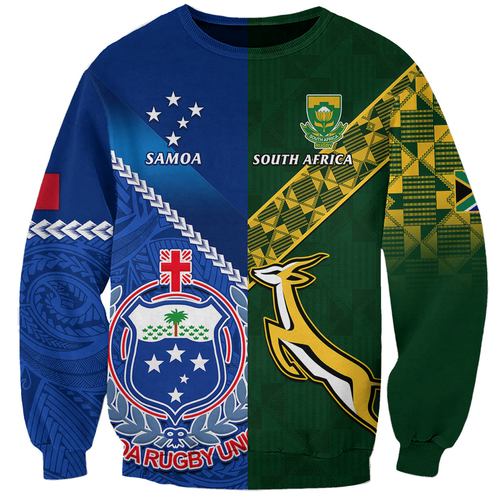 Unisex rugby sweatshirt with blue and green panels, Samoa and South Africa crests, long sleeves