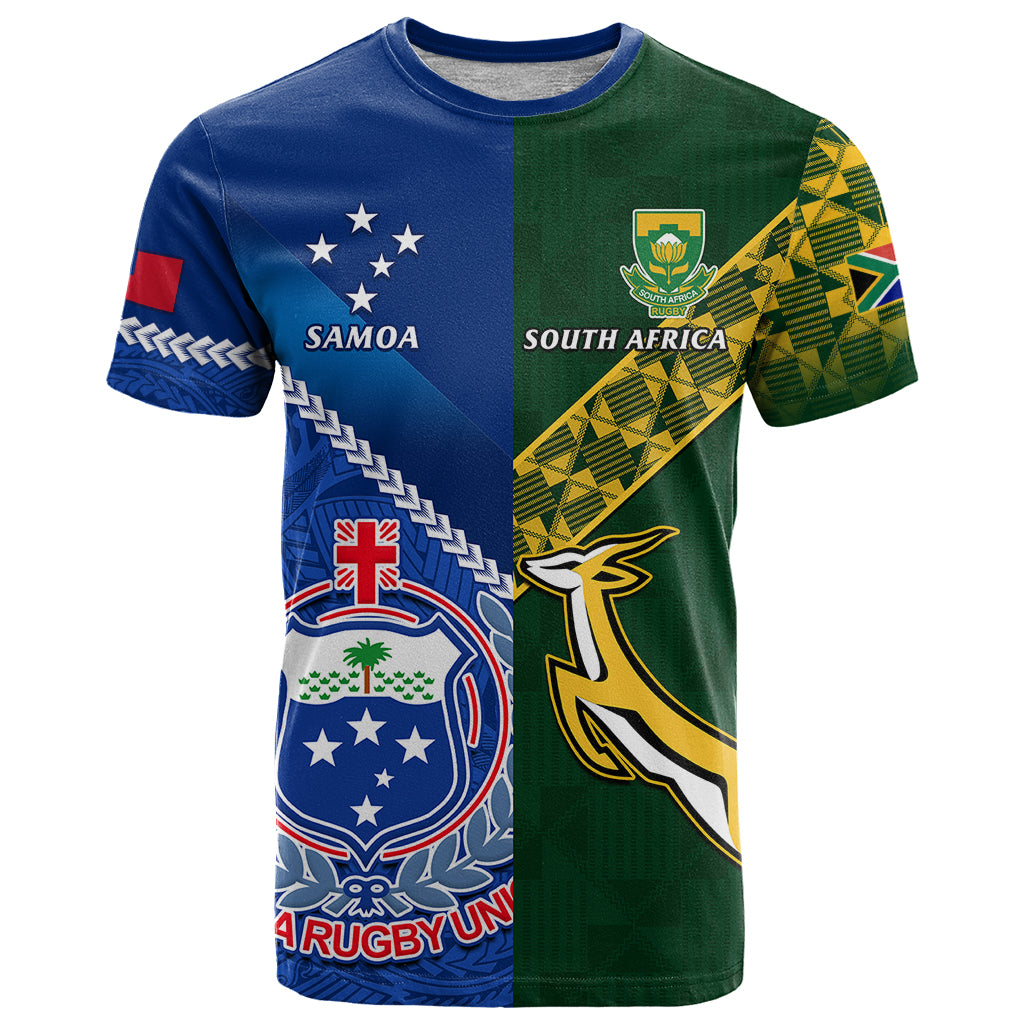 Custom Samoa And South Africa Rugby T Shirt 2023 World Cup Manu Samoa With Springboks - Wonder Print Shop