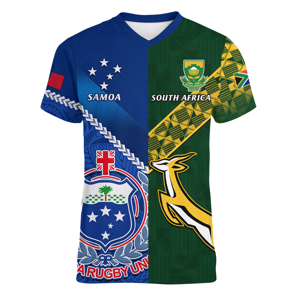 Custom Samoa And South Africa Rugby Women V Neck T Shirt 2023 World Cup Manu Samoa With Springboks - Wonder Print Shop