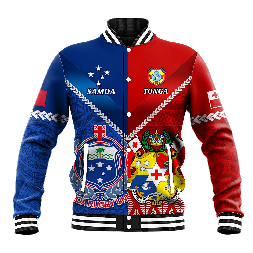 Blue and red rugby baseball jacket with snap-button front, ribbed cuffs, crest patches