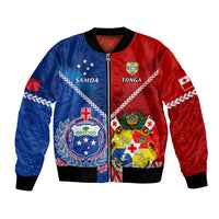 Unisex rugby bomber jacket with red and blue panels, full-zip and team crests