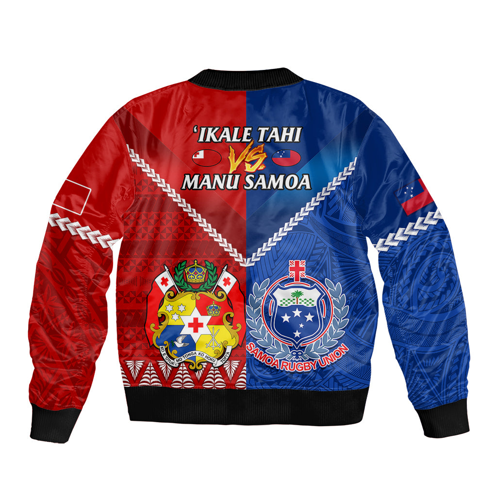 Unisex rugby bomber jacket, red-blue back with IKALE TAHI and MANU SAMOA crests
