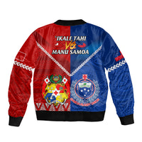 Unisex rugby bomber jacket, red-blue back with IKALE TAHI and MANU SAMOA crests