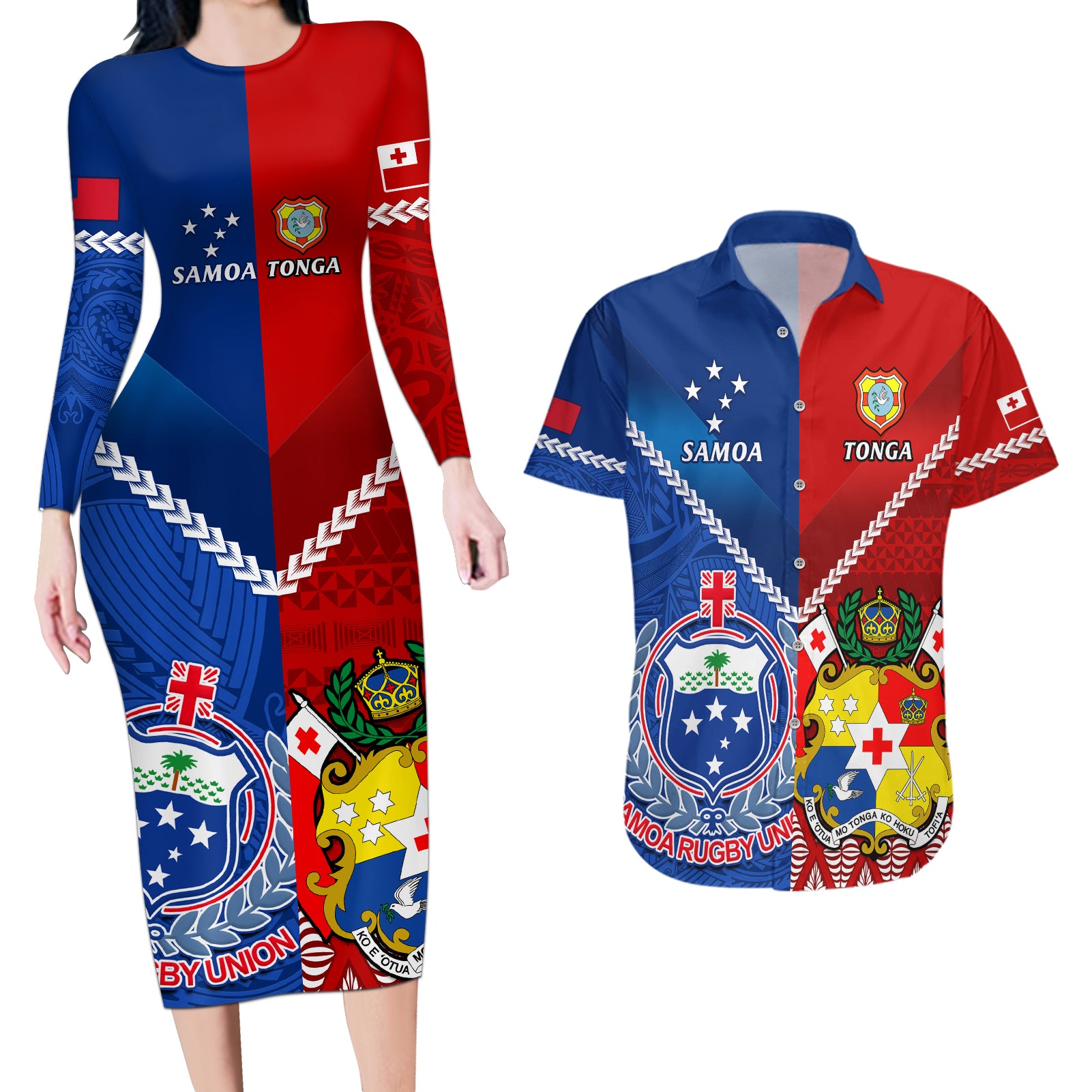 Samoa And Tonga Rugby Couples Matching Long Sleeve Bodycon Dress and Hawaiian Shirt 2023 World Cup Manu Samoa With Ikale Tahi - Wonder Print Shop