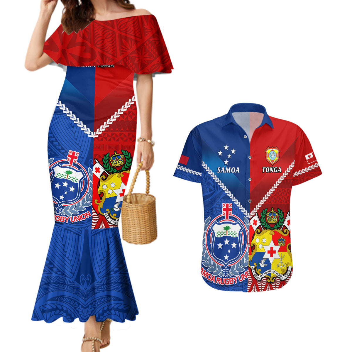 Samoa And Tonga Rugby Couples Matching Mermaid Dress and Hawaiian Shirt 2023 World Cup Manu Samoa With Ikale Tahi - Wonder Print Shop