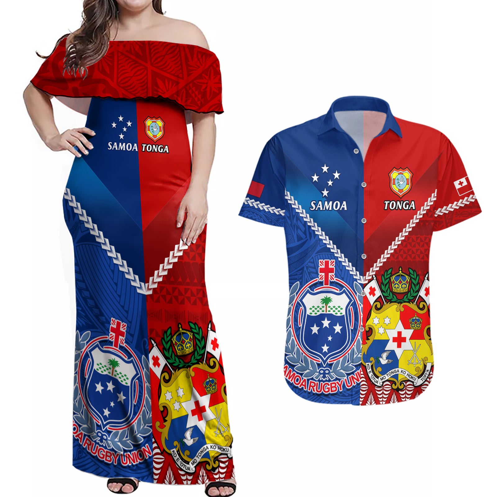 Samoa And Tonga Rugby Couples Matching Off Shoulder Maxi Dress and Hawaiian Shirt 2023 World Cup Manu Samoa With Ikale Tahi - Wonder Print Shop