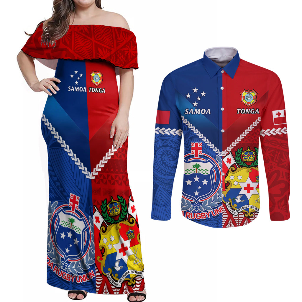 Samoa And Tonga Rugby Couples Matching Off Shoulder Maxi Dress and Long Sleeve Button Shirts 2023 World Cup Manu Samoa With Ikale Tahi - Wonder Print Shop