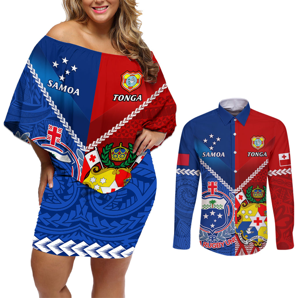 Samoa And Tonga Rugby Couples Matching Off Shoulder Short Dress and Long Sleeve Button Shirts 2023 World Cup Manu Samoa With Ikale Tahi - Wonder Print Shop