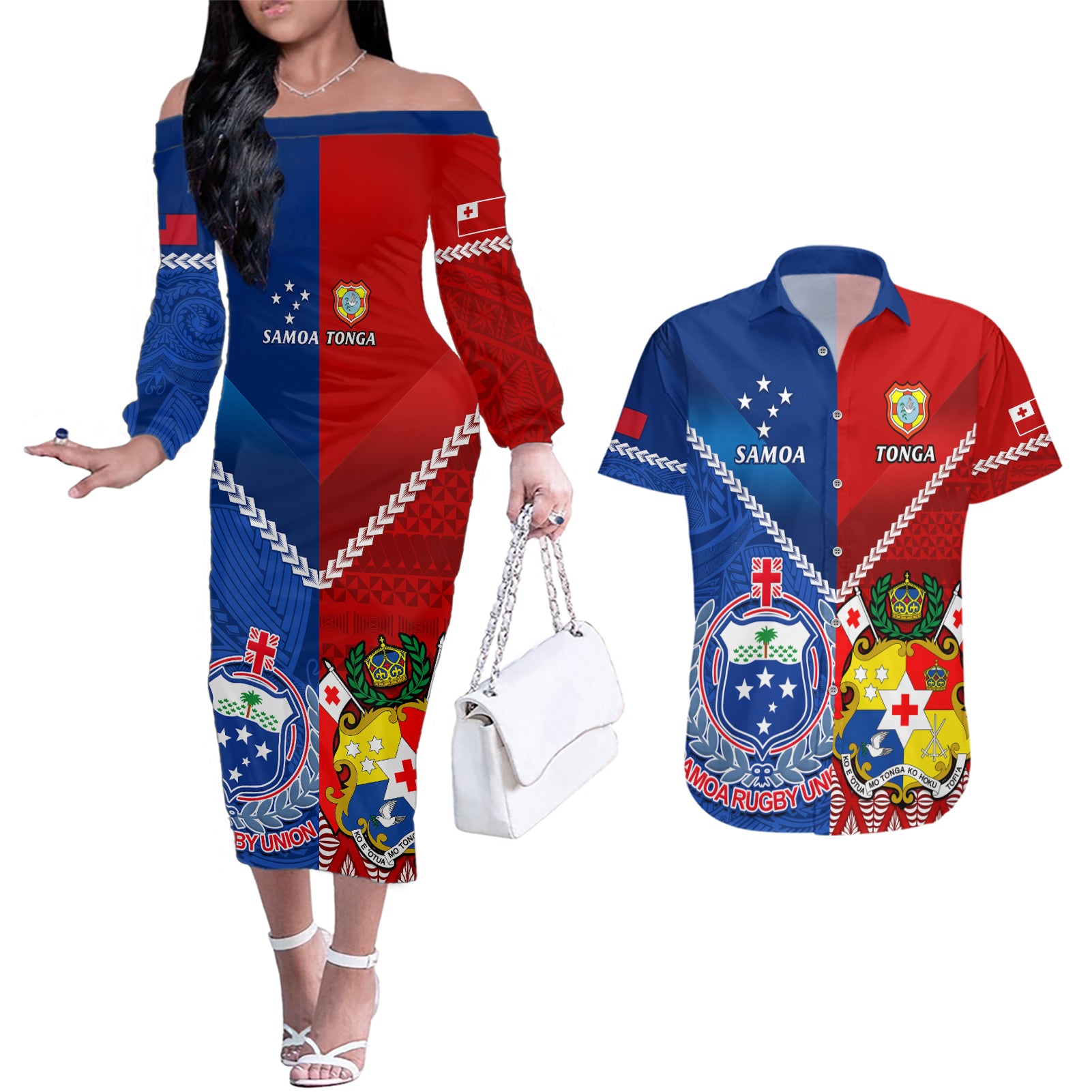 Samoa And Tonga Rugby Couples Matching Off The Shoulder Long Sleeve Dress and Hawaiian Shirt 2023 World Cup Manu Samoa With Ikale Tahi - Wonder Print Shop