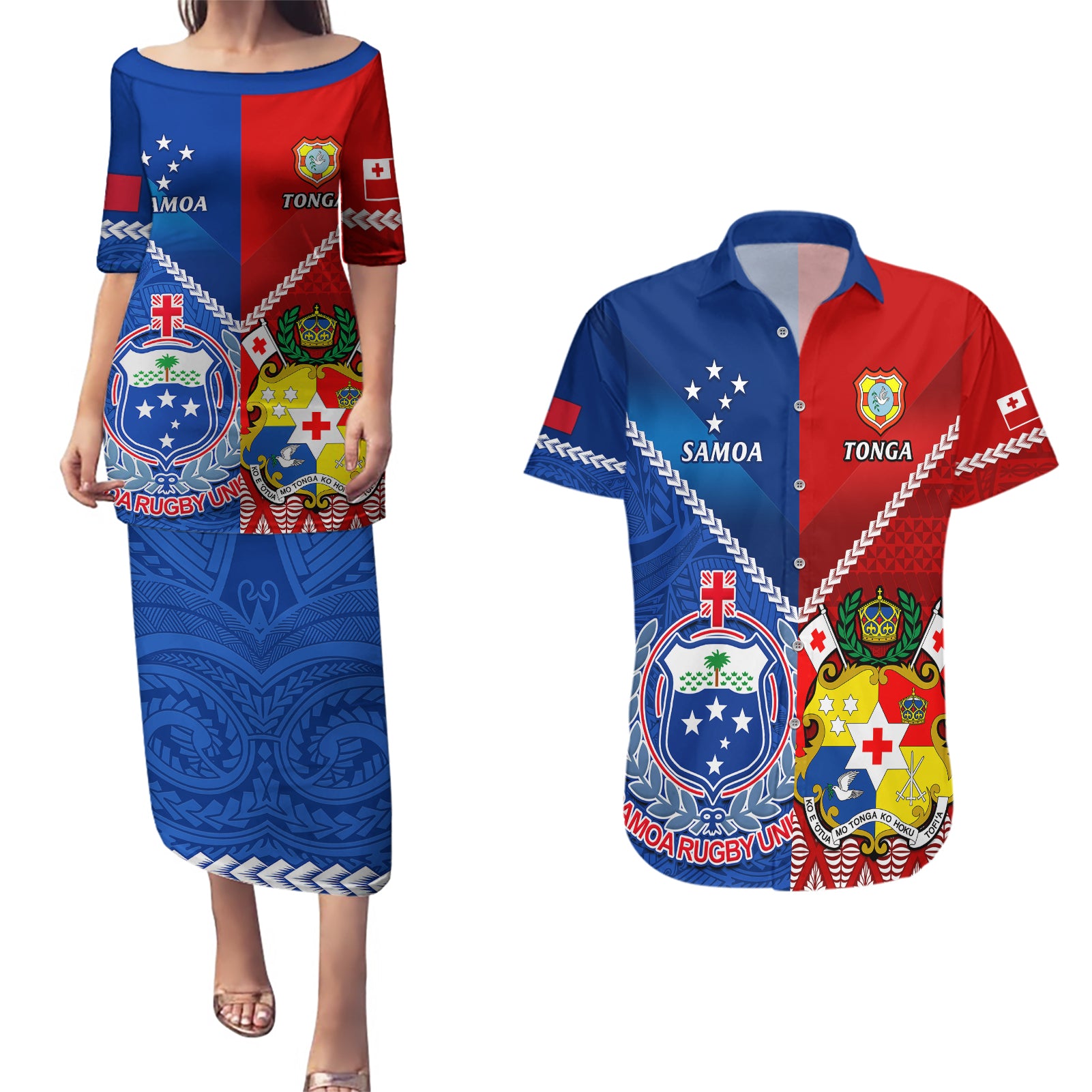 Samoa And Tonga Rugby Couples Matching Puletasi Dress and Hawaiian Shirt 2023 World Cup Manu Samoa With Ikale Tahi - Wonder Print Shop