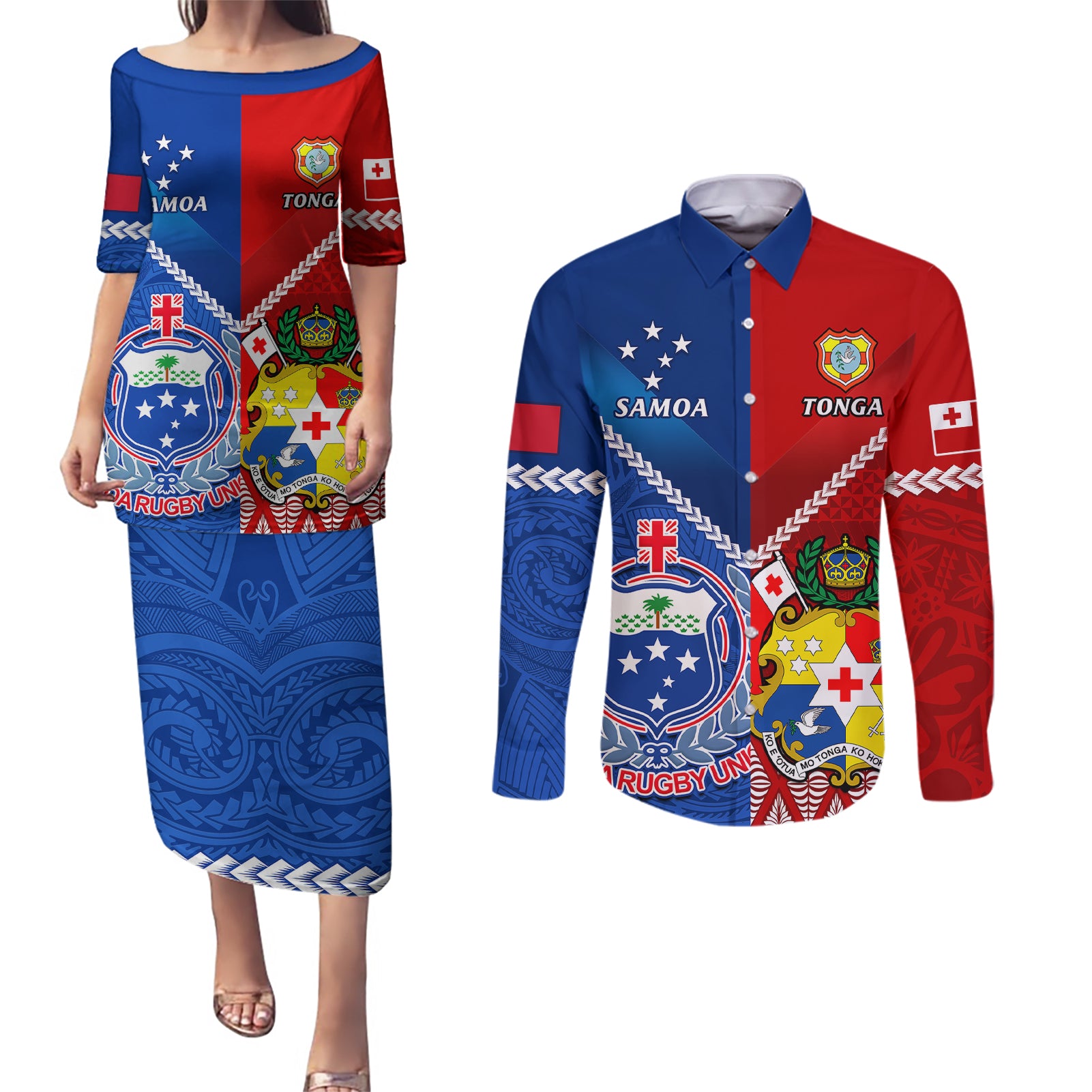 Samoa And Tonga Rugby Couples Matching Puletasi Dress and Long Sleeve Button Shirts 2023 World Cup Manu Samoa With Ikale Tahi - Wonder Print Shop