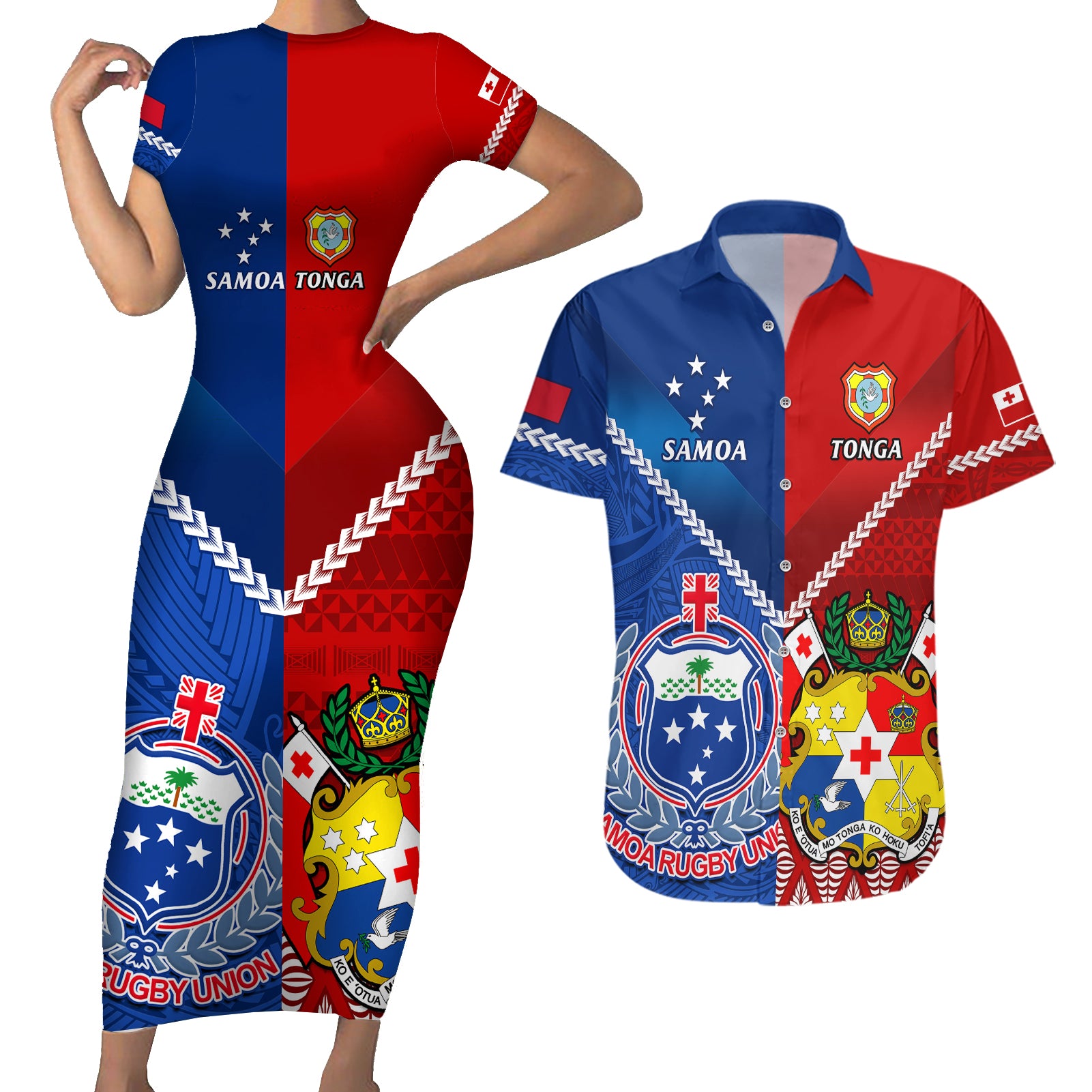 Samoa And Tonga Rugby Couples Matching Short Sleeve Bodycon Dress and Hawaiian Shirt 2023 World Cup Manu Samoa With Ikale Tahi - Wonder Print Shop