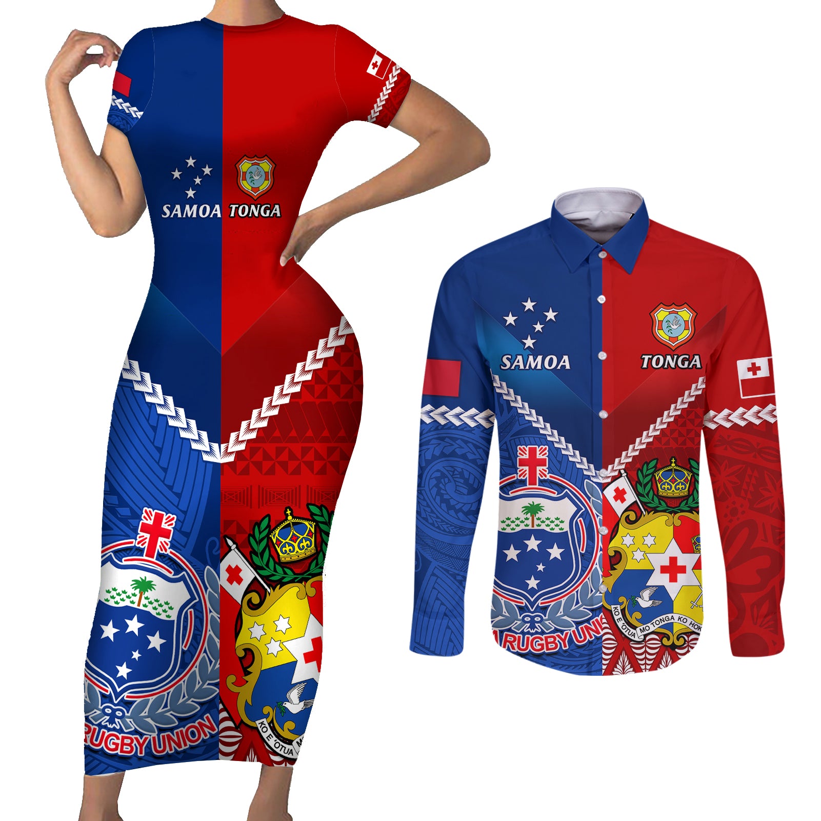 Samoa And Tonga Rugby Couples Matching Short Sleeve Bodycon Dress and Long Sleeve Button Shirts 2023 World Cup Manu Samoa With Ikale Tahi - Wonder Print Shop