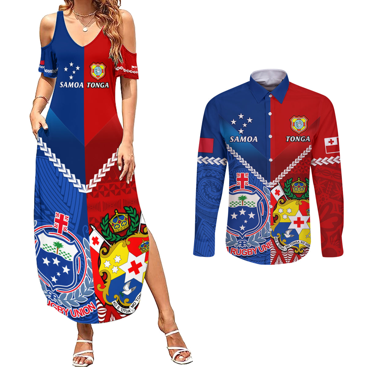 Samoa And Tonga Rugby Couples Matching Summer Maxi Dress and Long Sleeve Button Shirts 2023 World Cup Manu Samoa With Ikale Tahi - Wonder Print Shop