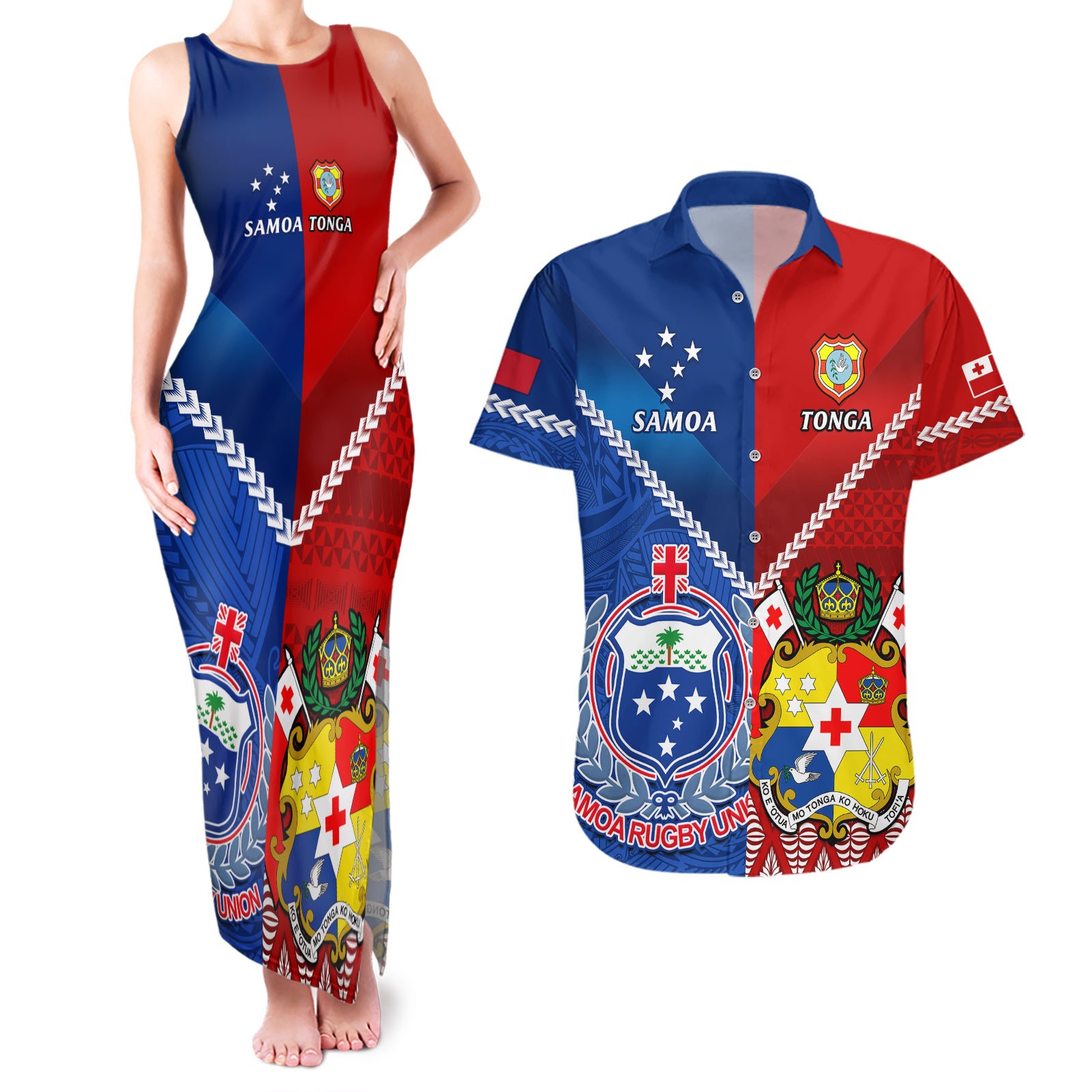 Samoa And Tonga Rugby Couples Matching Tank Maxi Dress and Hawaiian Shirt 2023 World Cup Manu Samoa With Ikale Tahi - Wonder Print Shop