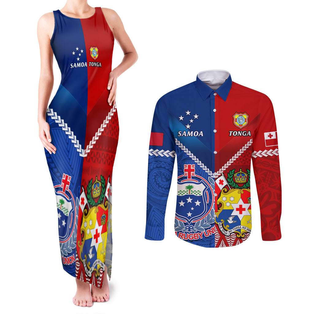 Samoa And Tonga Rugby Couples Matching Tank Maxi Dress and Long Sleeve Button Shirts 2023 World Cup Manu Samoa With Ikale Tahi - Wonder Print Shop