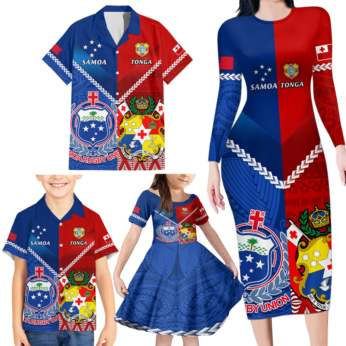 Samoa And Tonga Rugby Family Matching Long Sleeve Bodycon Dress and Hawaiian Shirt 2023 World Cup Manu Samoa With Ikale Tahi - Wonder Print Shop