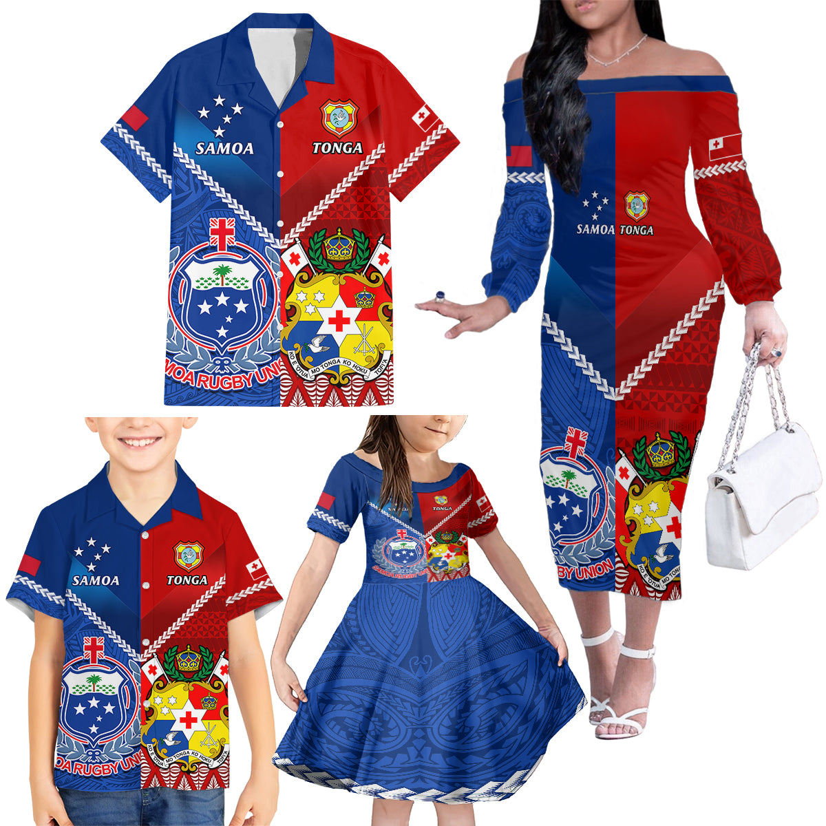 Samoa And Tonga Rugby Family Matching Off Shoulder Long Sleeve Dress and Hawaiian Shirt 2023 World Cup Manu Samoa With Ikale Tahi - Wonder Print Shop