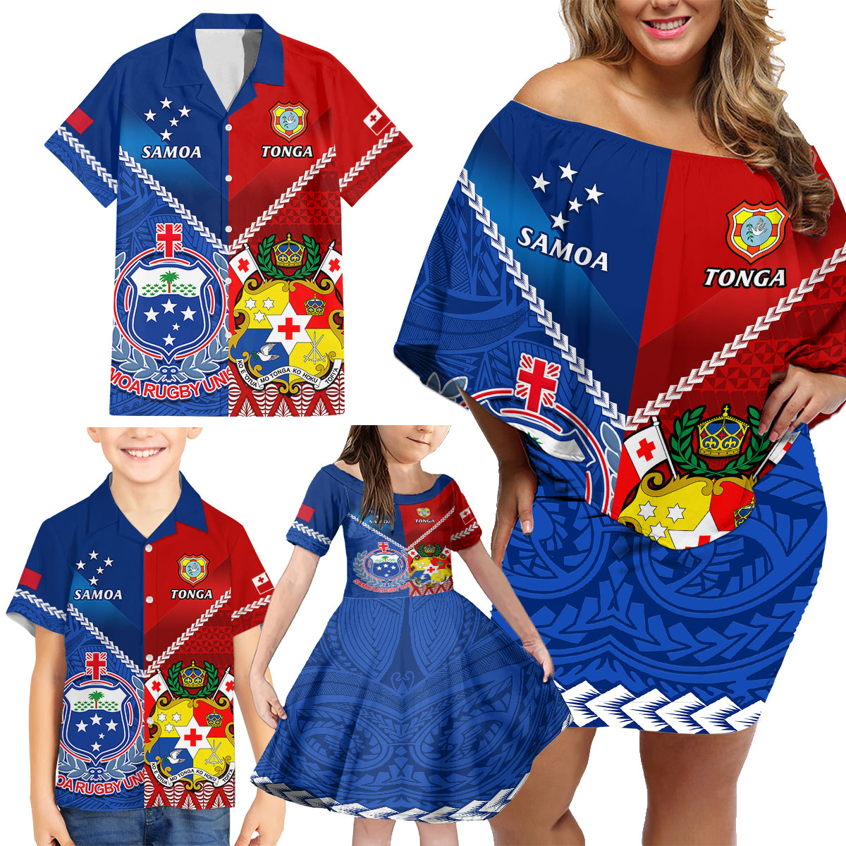 Samoa And Tonga Rugby Family Matching Off Shoulder Short Dress and Hawaiian Shirt 2023 World Cup Manu Samoa With Ikale Tahi - Wonder Print Shop