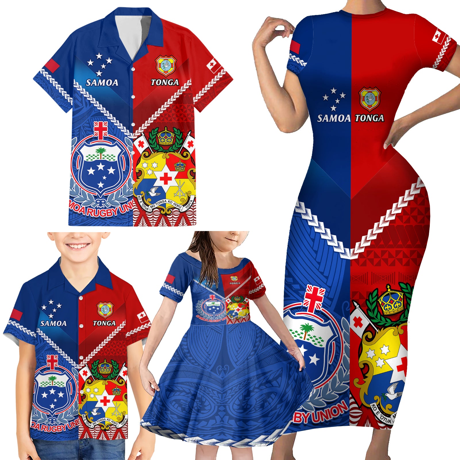 Samoa And Tonga Rugby Family Matching Short Sleeve Bodycon Dress and Hawaiian Shirt 2023 World Cup Manu Samoa With Ikale Tahi - Wonder Print Shop