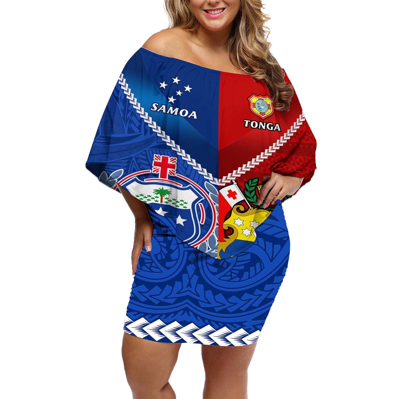 Samoa And Tonga Rugby Off Shoulder Short Dress 2023 World Cup Manu Samoa With Ikale Tahi - Wonder Print Shop