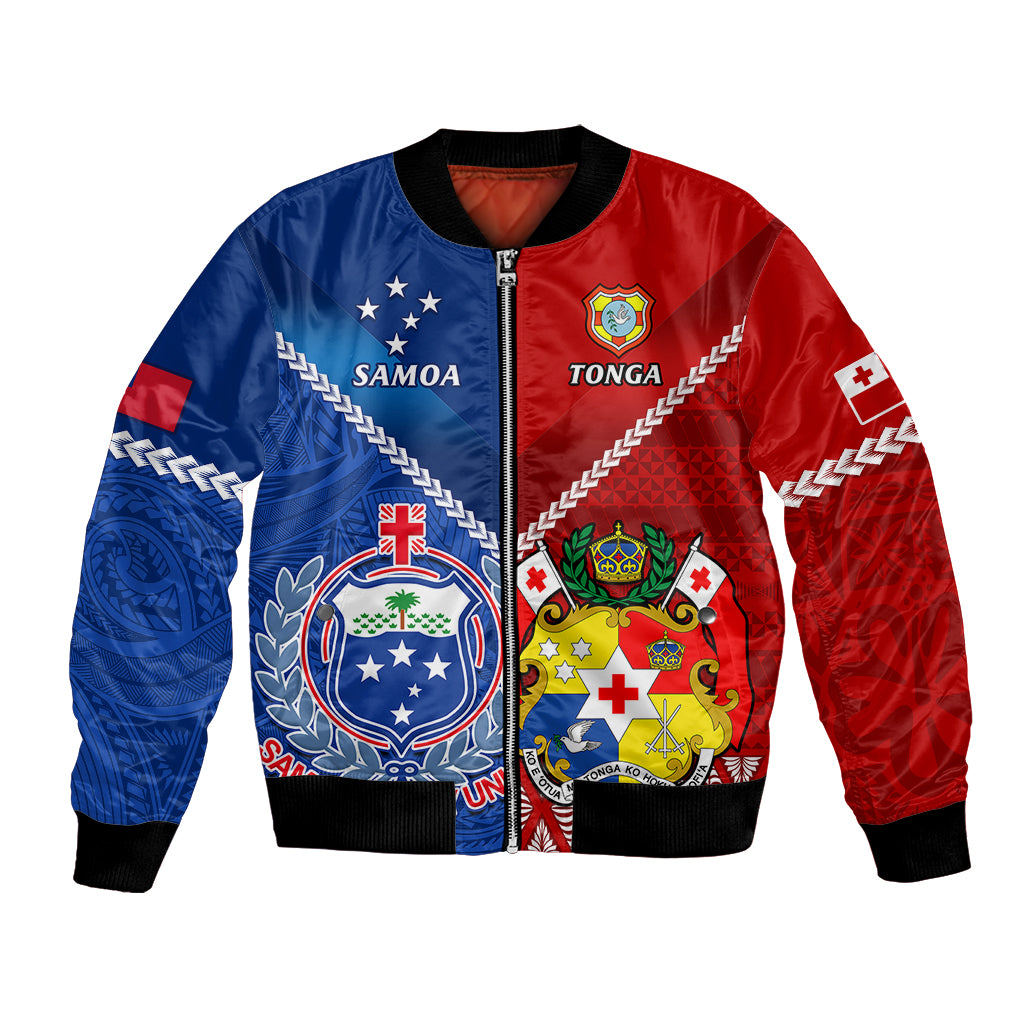Samoa and Tonga rugby bomber jacket, blue/red zip front with crest and knot prints