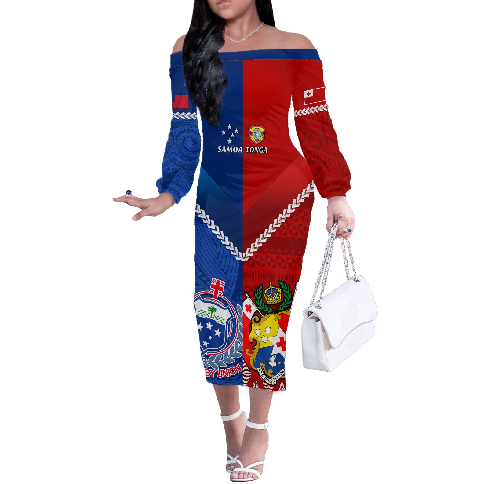 Custom Samoa And Tonga Rugby Off The Shoulder Long Sleeve Dress 2023 World Cup Manu Samoa With Ikale Tahi - Wonder Print Shop