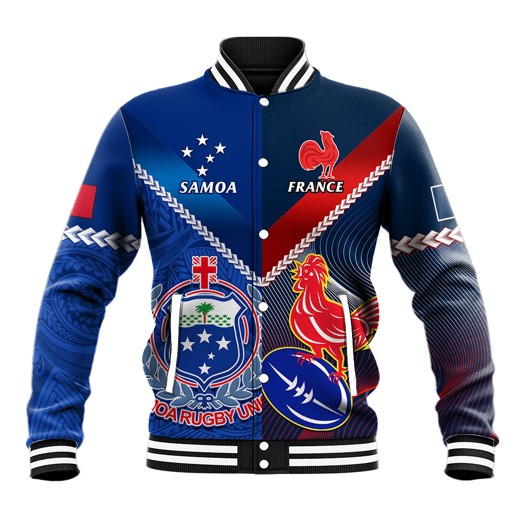 Blue rugby baseball jacket, front snap-button placket, ribbed collar and cuffs, team crest