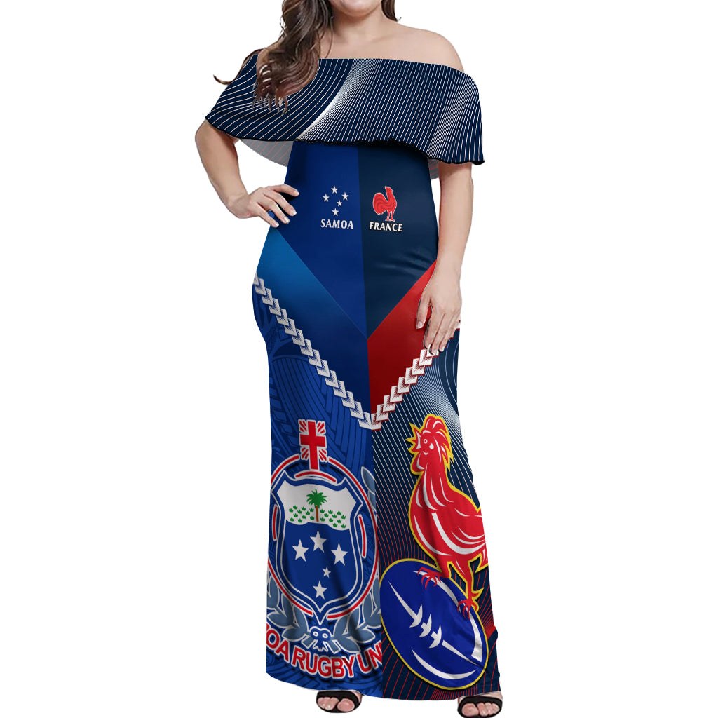 Samoa And France Rugby Off Shoulder Maxi Dress 2023 World Cup Manu Samoa With Les Bleus - Wonder Print Shop