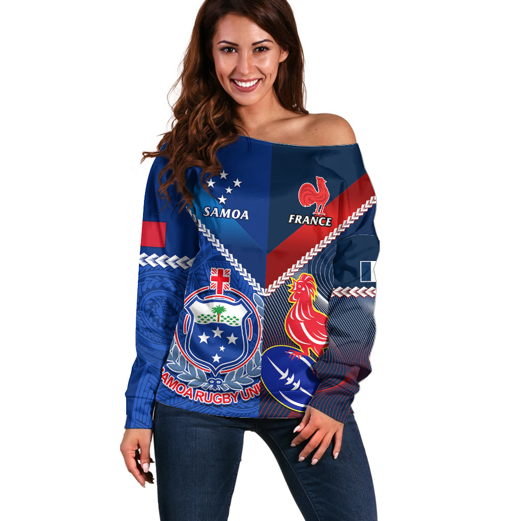 Samoa And France Rugby Off Shoulder Sweater 2023 World Cup Manu Samoa With Les Bleus - Wonder Print Shop