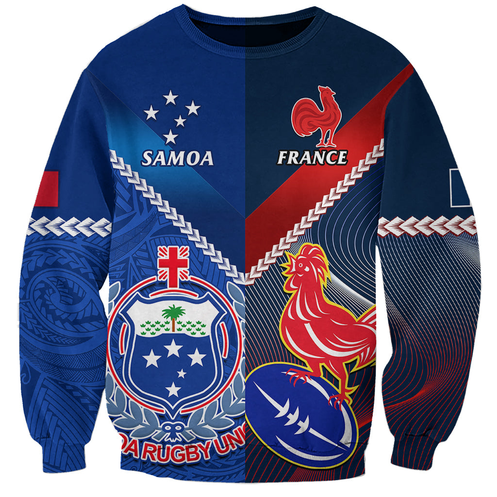 Blue rugby sweatshirt with Samoa and France graphics, rooster and crest on front