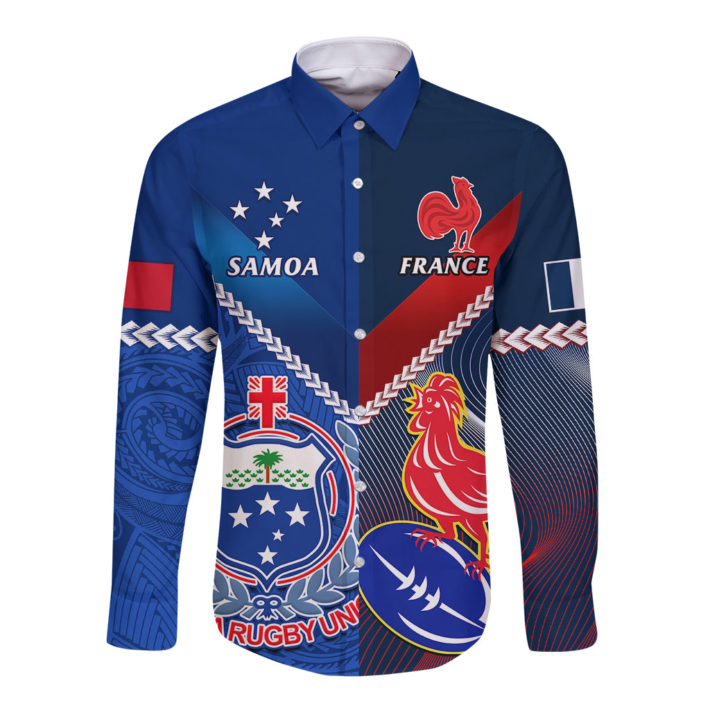 Blue long-sleeve rugby button shirt with Samoa and France crest graphics