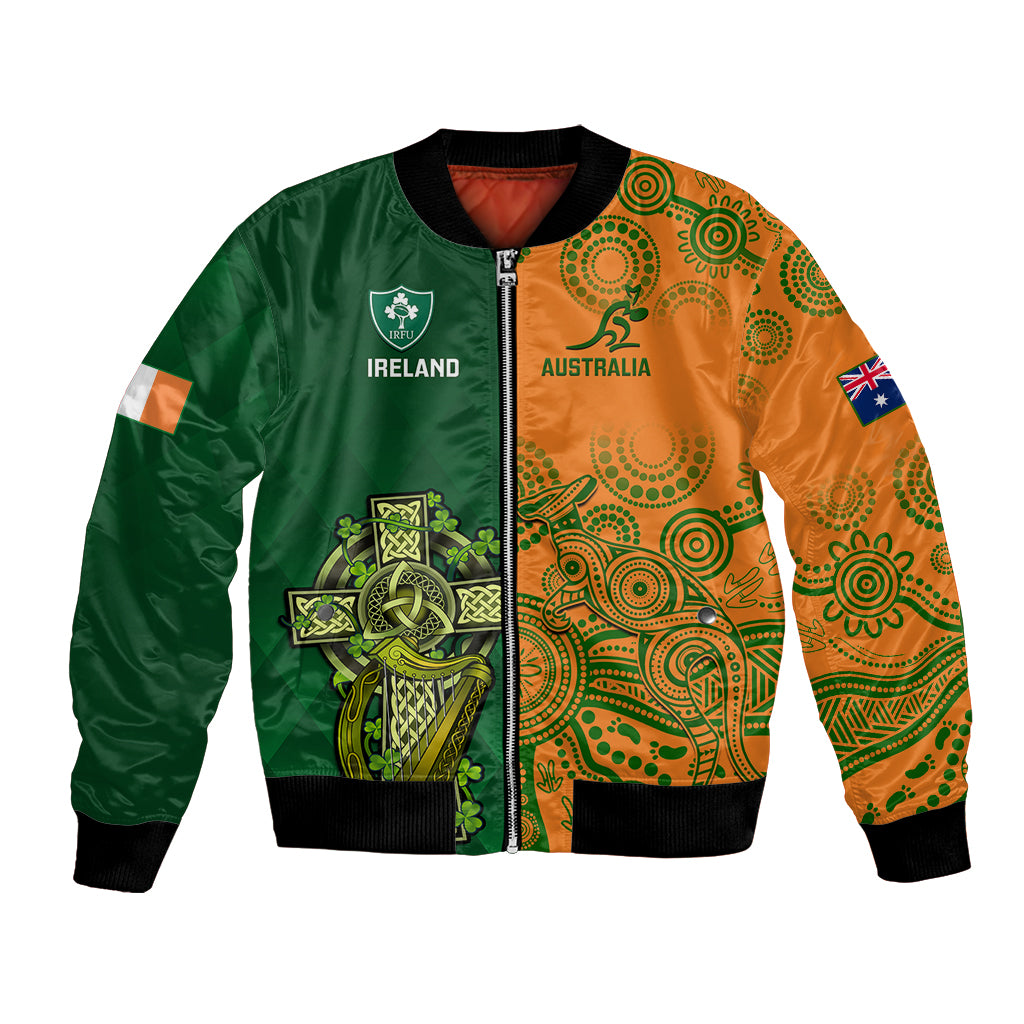 Unisex rugby bomber jacket in green & orange with front zip and national emblems