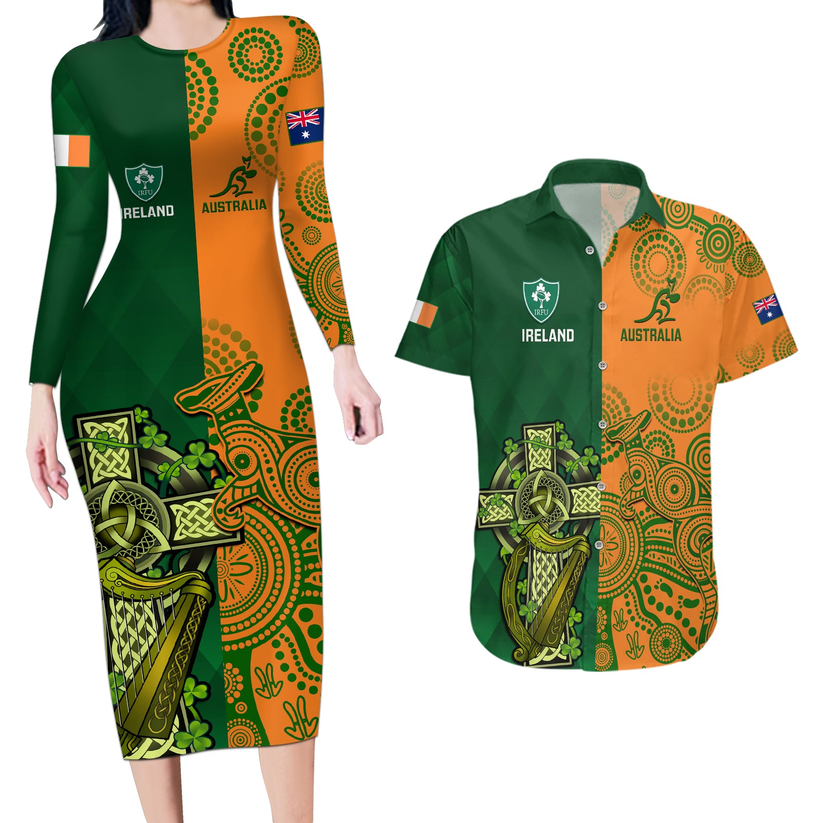 Australia And Ireland Rugby Couples Matching Long Sleeve Bodycon Dress and Hawaiian Shirt 2023 World Cup Walllabies With Shamrocks - Wonder Print Shop