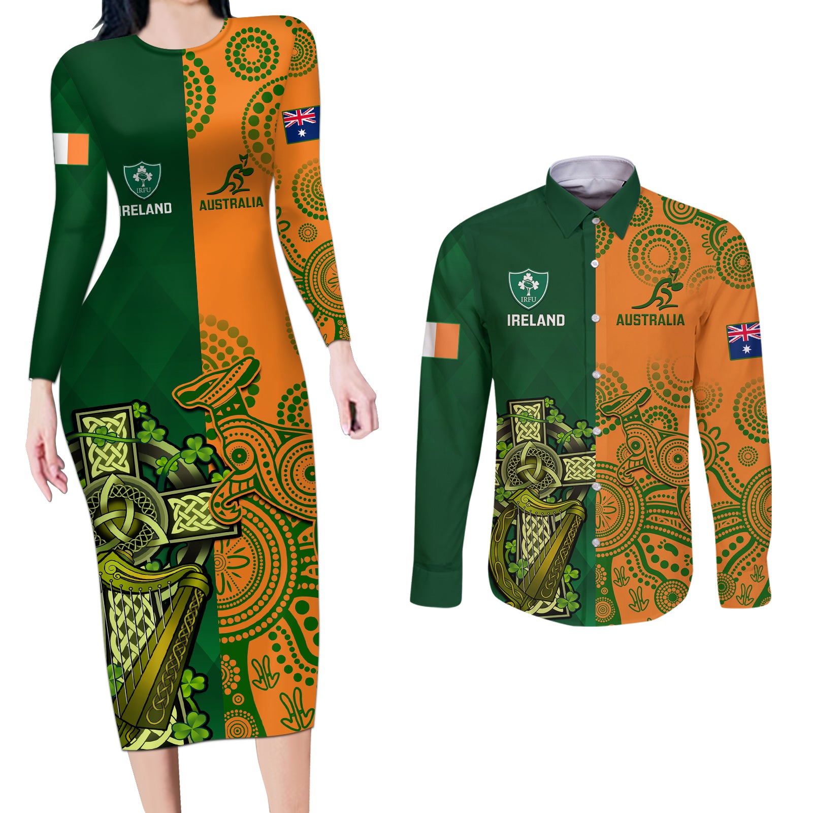 Australia And Ireland Rugby Couples Matching Long Sleeve Bodycon Dress and Long Sleeve Button Shirts 2023 World Cup Walllabies With Shamrocks - Wonder Print Shop