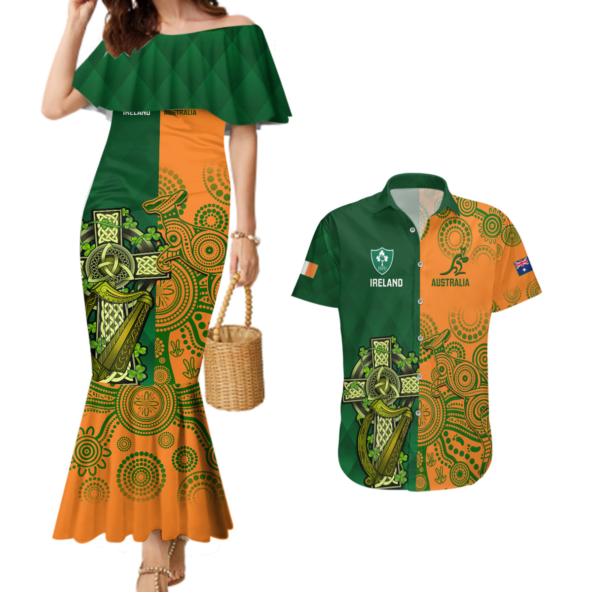 Australia And Ireland Rugby Couples Matching Mermaid Dress and Hawaiian Shirt 2023 World Cup Walllabies With Shamrocks - Wonder Print Shop