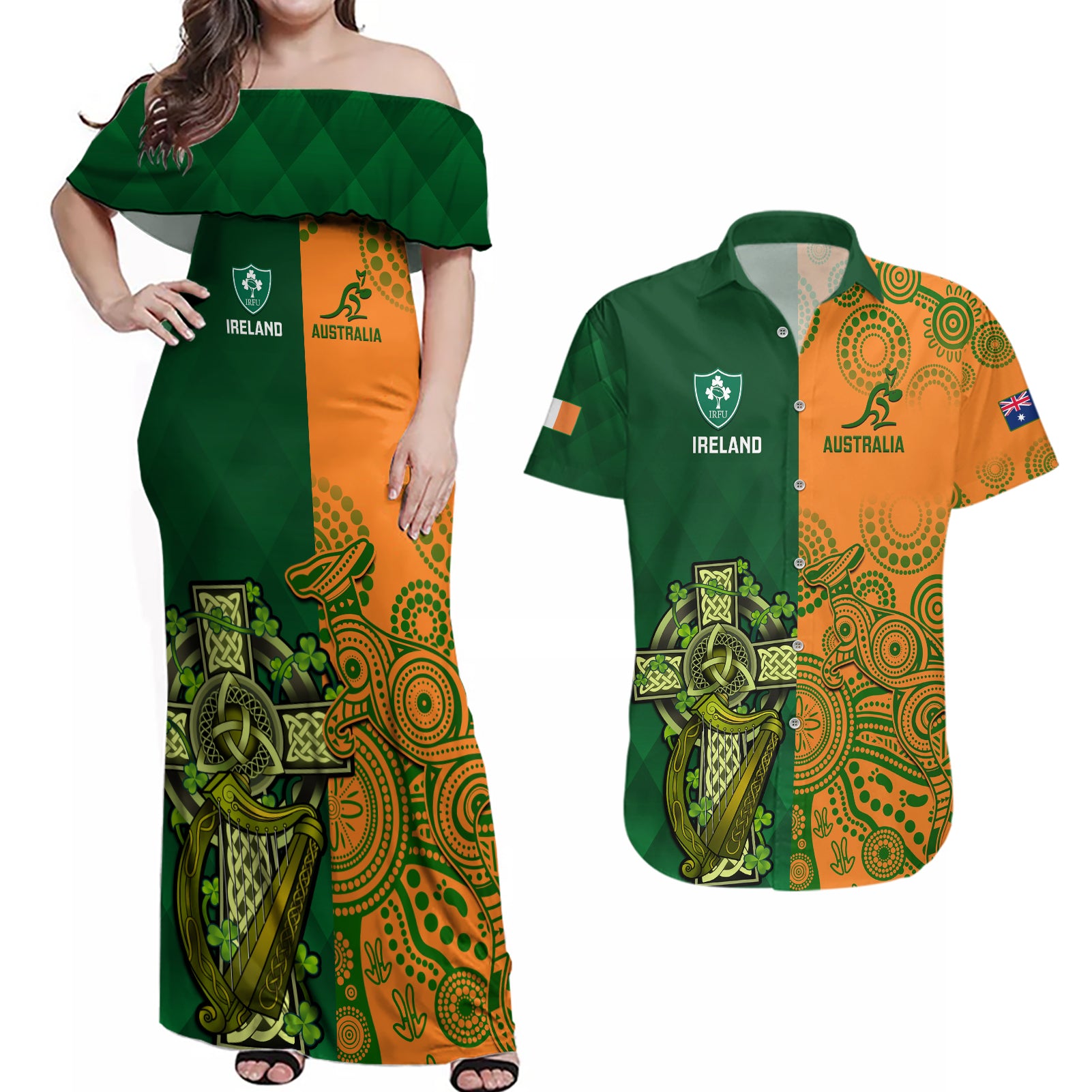 Australia And Ireland Rugby Couples Matching Off Shoulder Maxi Dress and Hawaiian Shirt 2023 World Cup Walllabies With Shamrocks - Wonder Print Shop