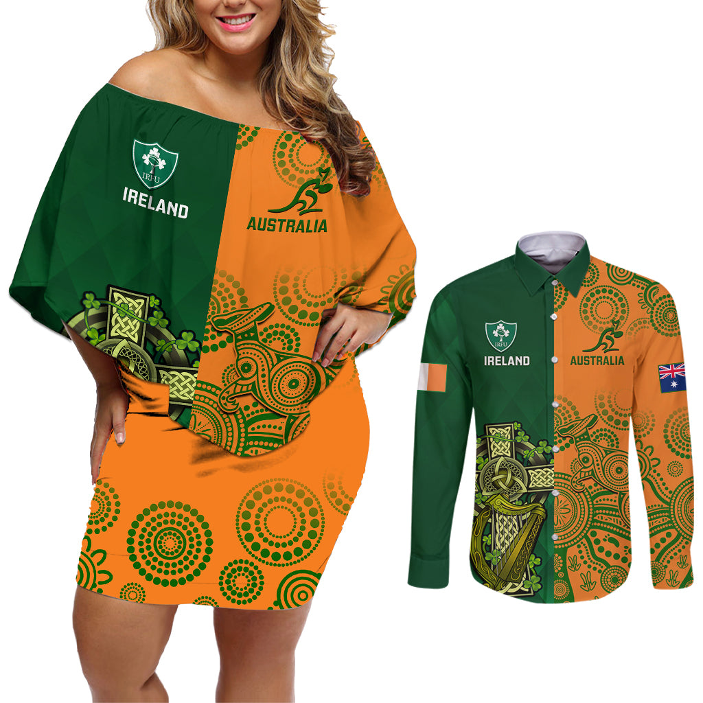 Australia And Ireland Rugby Couples Matching Off Shoulder Short Dress and Long Sleeve Button Shirts 2023 World Cup Walllabies With Shamrocks - Wonder Print Shop