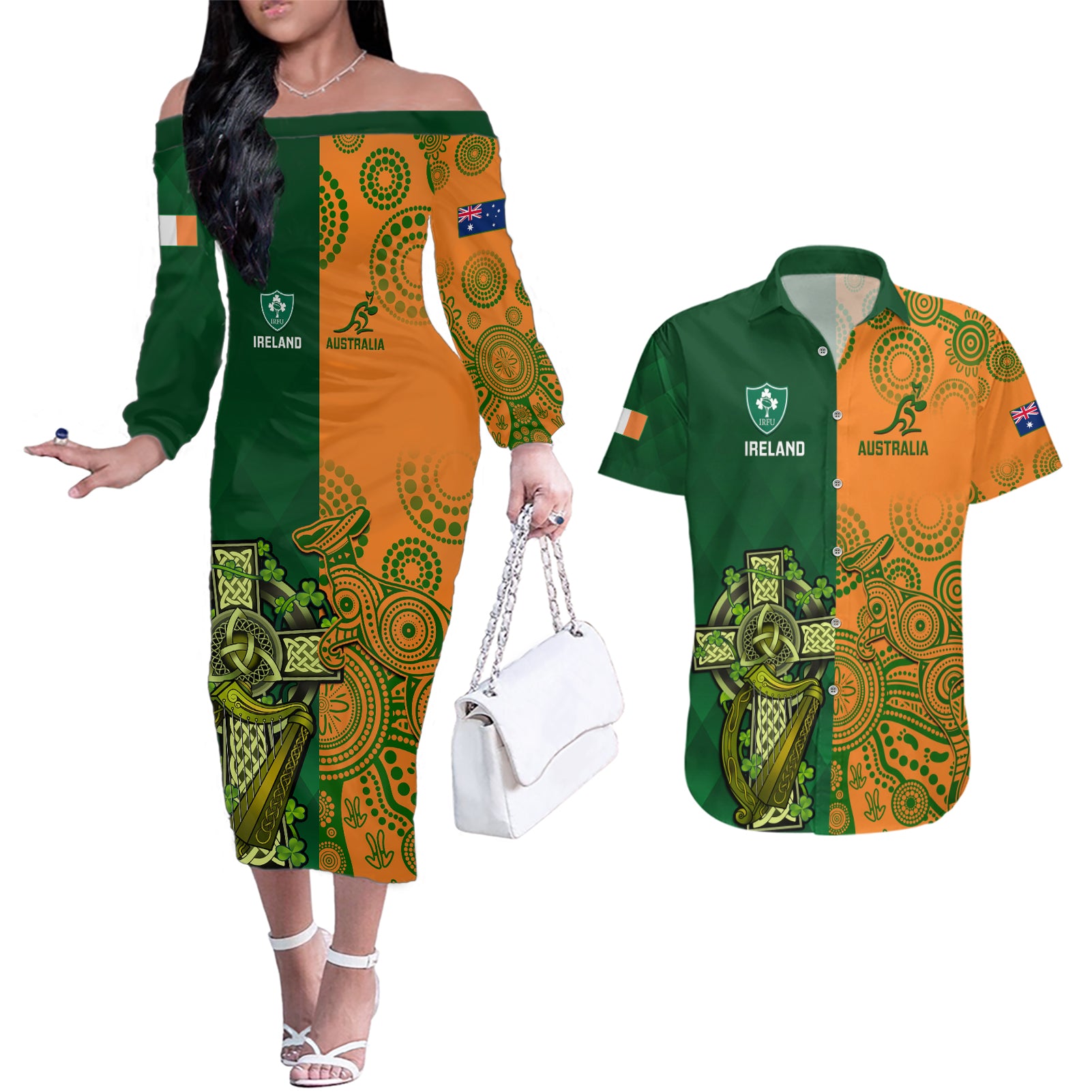 Australia And Ireland Rugby Couples Matching Off The Shoulder Long Sleeve Dress and Hawaiian Shirt 2023 World Cup Walllabies With Shamrocks - Wonder Print Shop