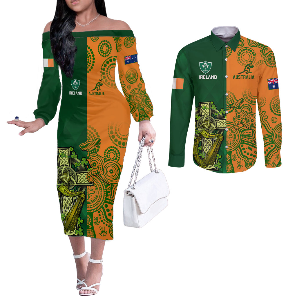 Australia And Ireland Rugby Couples Matching Off The Shoulder Long Sleeve Dress and Long Sleeve Button Shirts 2023 World Cup Walllabies With Shamrocks LT14