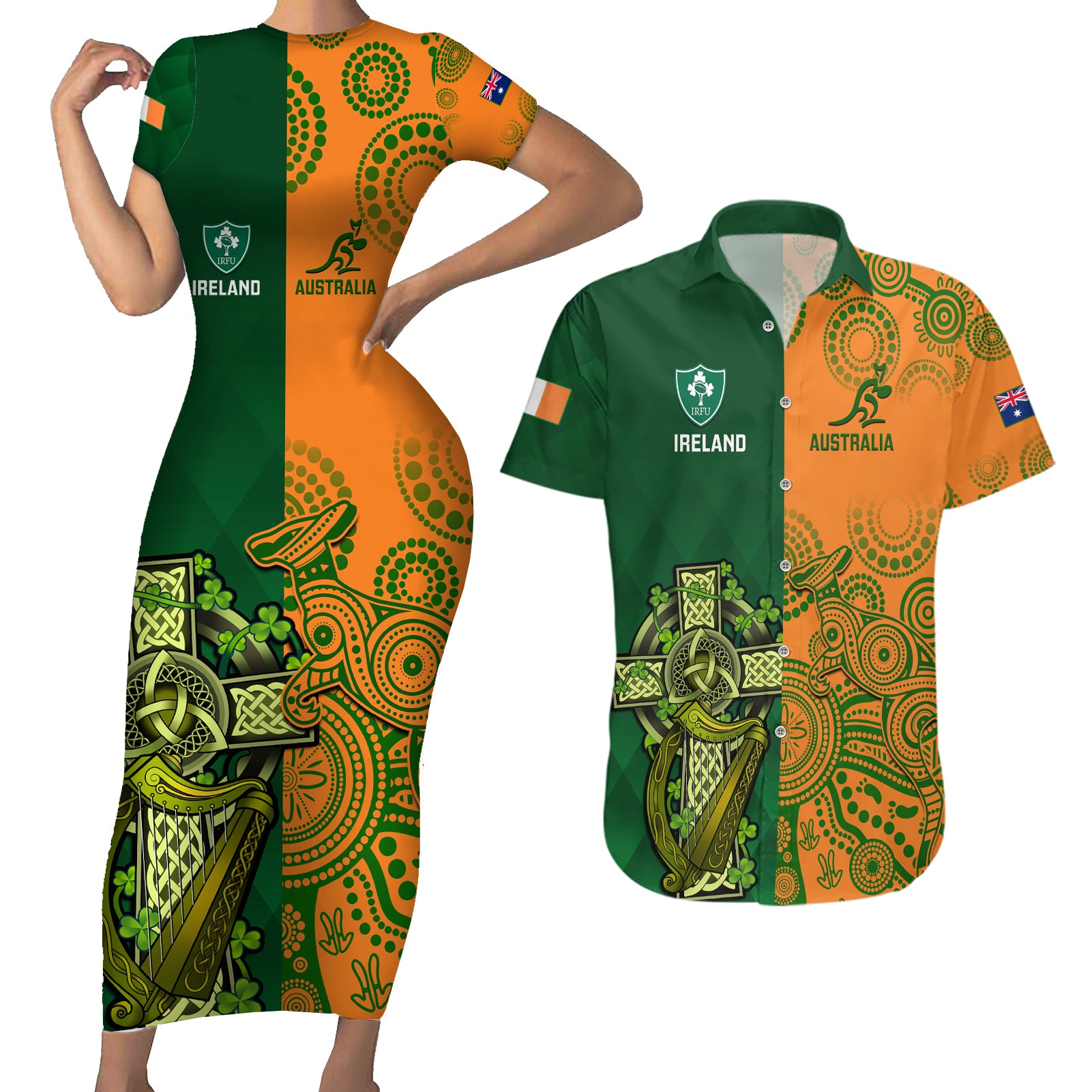 Australia And Ireland Rugby Couples Matching Short Sleeve Bodycon Dress and Hawaiian Shirt 2023 World Cup Walllabies With Shamrocks - Wonder Print Shop