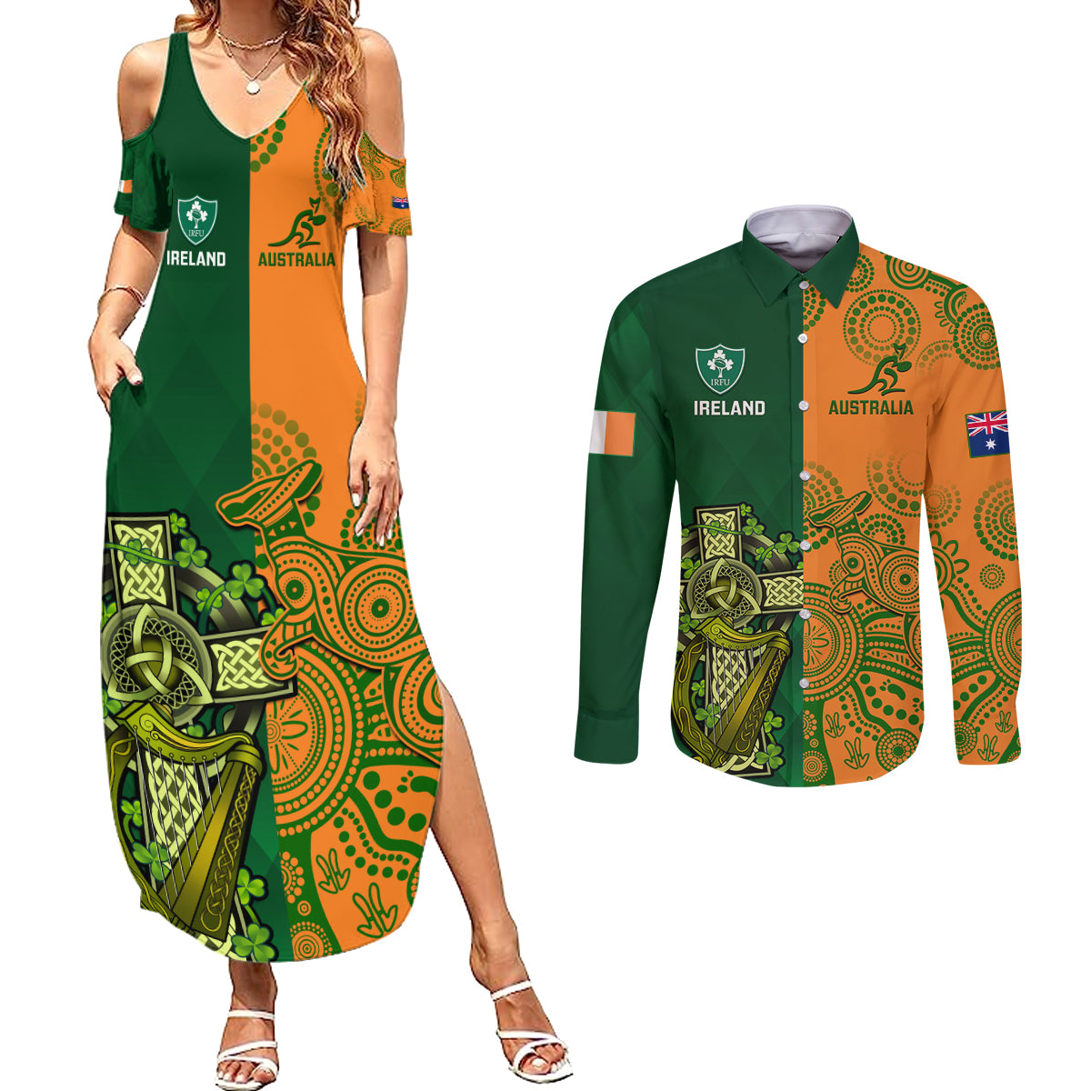 Australia And Ireland Rugby Couples Matching Summer Maxi Dress and Long Sleeve Button Shirts 2023 World Cup Walllabies With Shamrocks - Wonder Print Shop