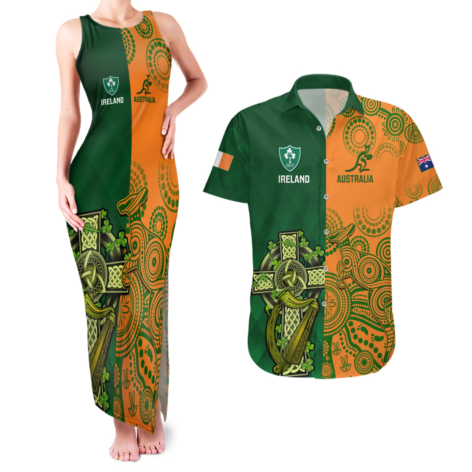 Australia And Ireland Rugby Couples Matching Tank Maxi Dress and Hawaiian Shirt 2023 World Cup Walllabies With Shamrocks - Wonder Print Shop