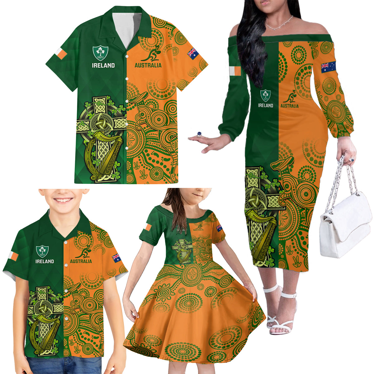 Australia And Ireland Rugby Family Matching Off Shoulder Long Sleeve Dress and Hawaiian Shirt 2023 World Cup Walllabies With Shamrocks - Wonder Print Shop