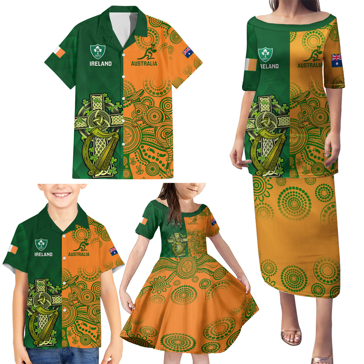 Australia And Ireland Rugby Family Matching Puletasi Dress and Hawaiian Shirt 2023 World Cup Walllabies With Shamrocks - Wonder Print Shop