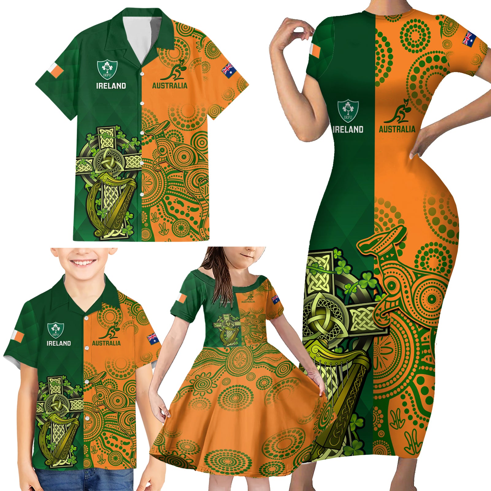 Australia And Ireland Rugby Family Matching Short Sleeve Bodycon Dress and Hawaiian Shirt 2023 World Cup Walllabies With Shamrocks - Wonder Print Shop