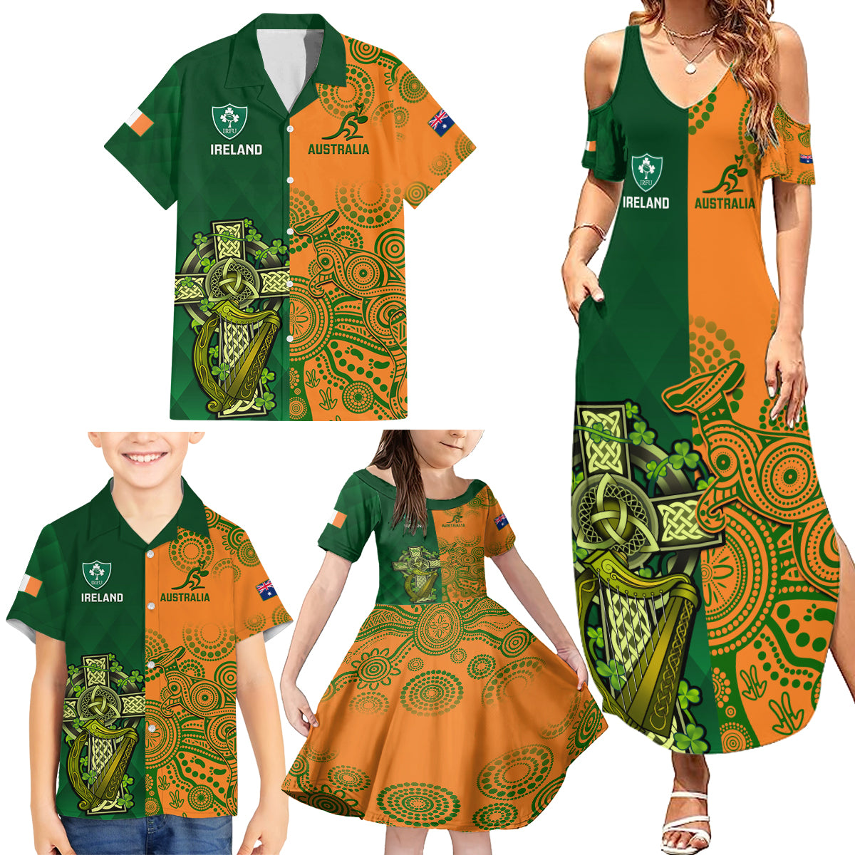 Australia And Ireland Rugby Family Matching Summer Maxi Dress and Hawaiian Shirt 2023 World Cup Walllabies With Shamrocks - Wonder Print Shop