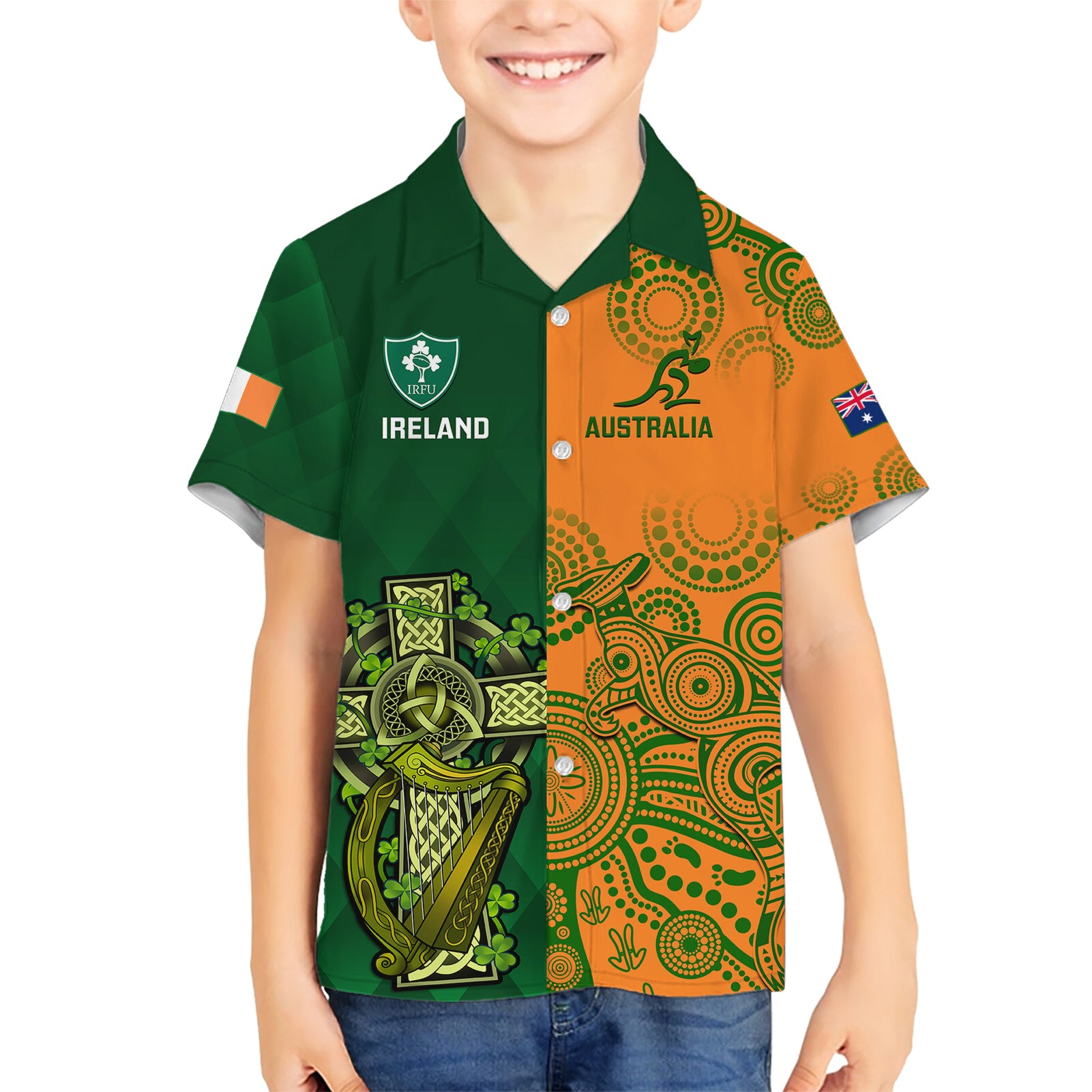 Australia And Ireland Rugby Kid Hawaiian Shirt 2023 World Cup Walllabies With Shamrocks - Wonder Print Shop