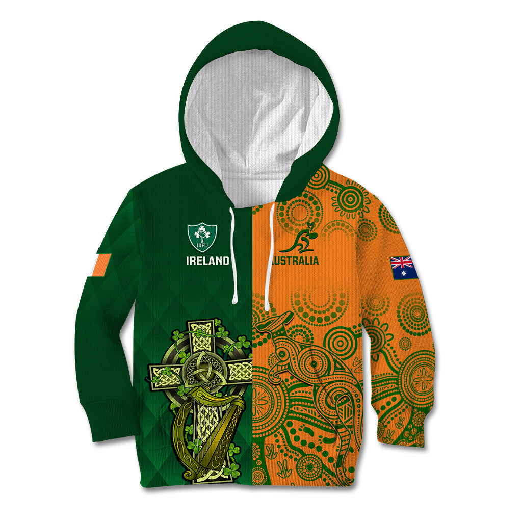 Australia And Ireland Rugby Kid Hoodie 2023 World Cup Walllabies With Shamrocks - Wonder Print Shop